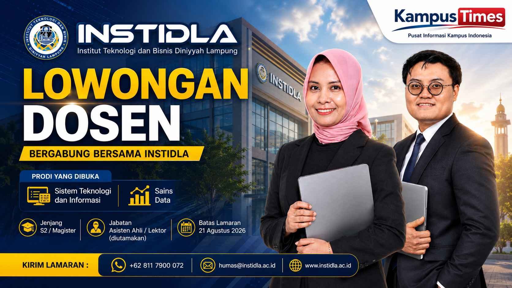 Lowongan Dosen INSTIDLA 2026, Buka Formasi Sistem Informasi dan Sains Data